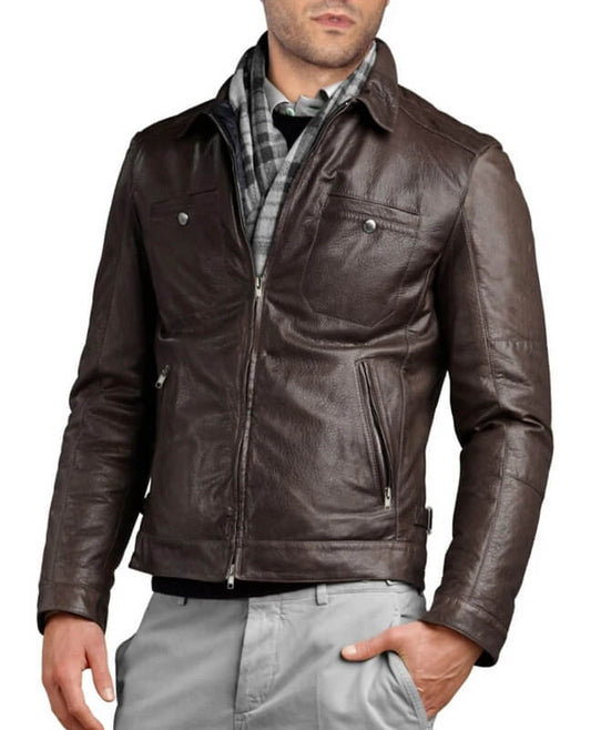 Elegant Dark Brown Sheepskin Leather Jacket for Men